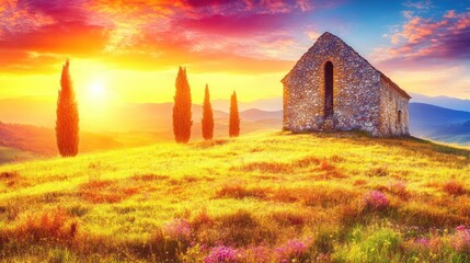 Idyllic countryside panorama with a rustic chapel and cypress trees during a vivid sunset light