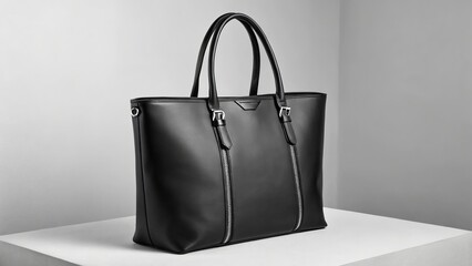Black Leather Tote Bag with Zippers and Buckles handbag