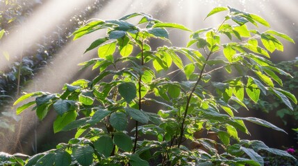 Radiant sunlight filters through vibrant green foliage in a tranquil garden scene