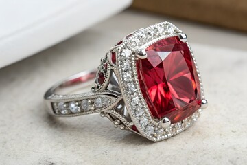 Radiant Red Gemstone Ring - Exquisite Cushion Cut & Filigree Design