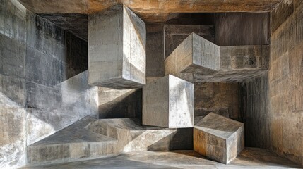 Angular concrete composition with floating cubes and shadows creating an optical illusion