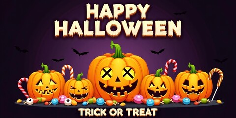 Colorful Happy Halloween Banner with Cat and Cauldron