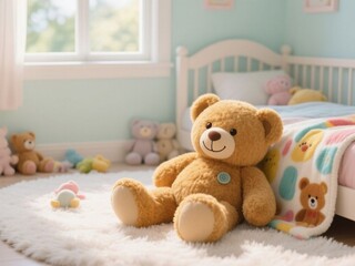 A cozy kid&rsquo;s room with a big smiling teddy bear on a soft white rug, colorful blanket on the bed, and sunlight brightening the playful space.

