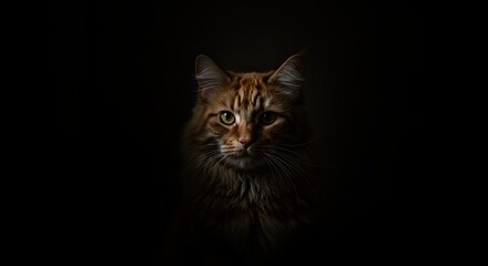 Ginger Cat Dramatic Portrait on Black Background, Fluffy Feline with Intense Gaze