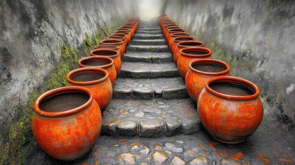 Stone Staircase with Terracotta Pots Leading into a Misty Atmosphere