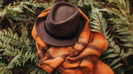 Autumnal apparel resting amongst vibrant ferns evoking a sense of rustic charm and natural beauty