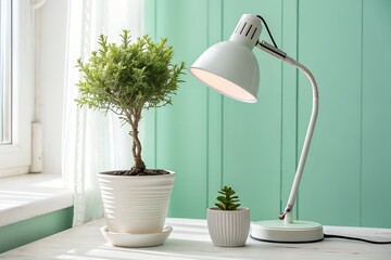 Serene Workspace - Plants, Desk Lamp & Mint Green Decoration