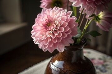 Pink Dahlia Blooms in Brown Vase - Elegant Floral Photography 
