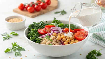 Pouring Dressing onto a Vibrant Quinoa and Vegetable Salad Bowl