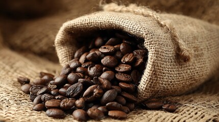 Coffee Beans Flowing From Burlap Sack on Burlap Fabric Still Life
