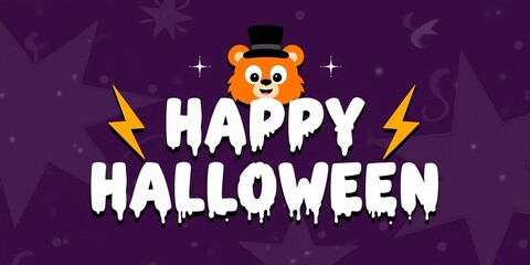 Happy Halloween Banner with Cute Bear and Lightning.