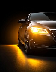 Naklejka premium Sleek modern sedan illuminated by intense yellow light