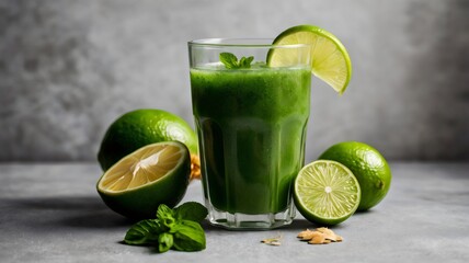 Fototapeta premium Refreshing green juice with ginger, mint, and lemon, healthy detox beverage packed with vitamins, natural energy, wellness and nutrition