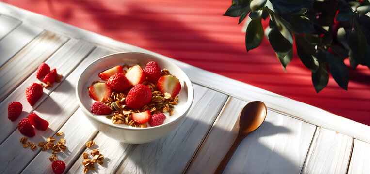 Creative food template. Bowl of strawberry fruit smoothie yogurt with granola cereal, flakes oat wheat muesli, on white wooden table red background, leaves overhanging, copy text space. Long banner - Powered by Adobe