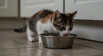 kitten drinking water a small calico kitten quenches its thirst from a metal bowl on a tiled floor in a home perfect for pet-related content.