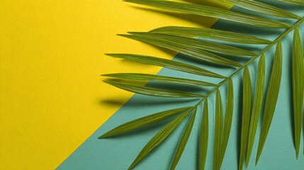 Vibrant green palm frond artfully arranged against a bold yellow and teal background