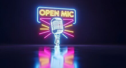 Neon sign with microphone and text OPEN MIC on dark background	