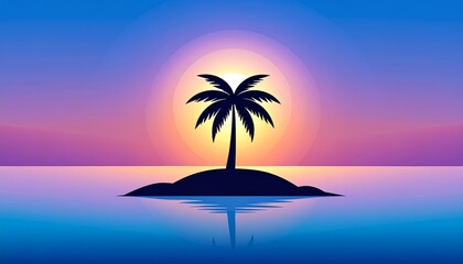 Obraz premium Silhouette palm tree on an island, against gradient sky with sun, abstract vector illustration
