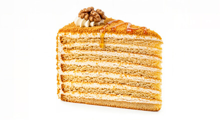 Fototapeta premium A slice of delicious honey cake with layers of cream and nuts on top, isolated on white background