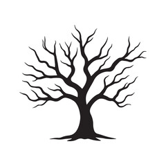 Stylized leafless tree icon with a unique, flowing branch shape. Black and white minimalist botanical art element isolated on a background.