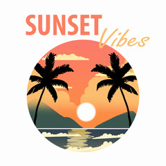 Sunset Beach Scene with Palm Trees and Serene Skyline Art