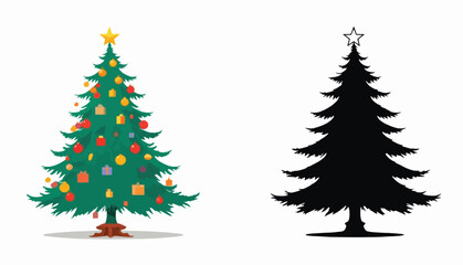 Obraz premium Christmas Tree in Colored and Silhouette Styles with Ornaments and Star Illustration