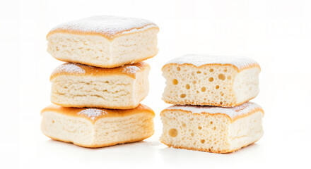Stack of square baked goods dusted with powdered sugar, isolated on white background