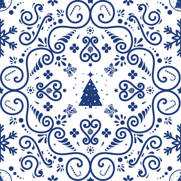 Mexican Christmas Talavera. Traditional ceramic-inspired ornament pattern with festive motifs. Holiday decoration design for Christmas parties and seasonal celebrations.