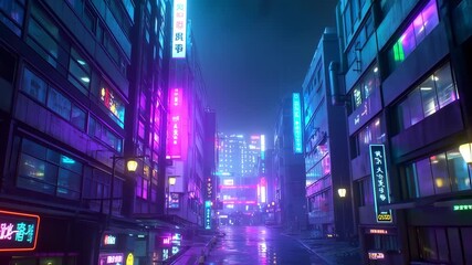 Neon-lit city street at night, wet pavement reflecting vibrant signs - Powered by Adobe