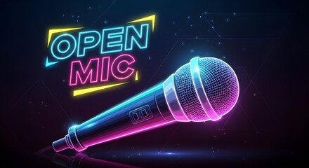 Neon sign with microphone and text OPEN MIC on dark background	