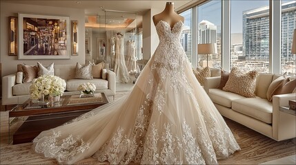 Elegant bride in lace long sleeve wedding dress, smiling with joy in natural light, for wedding invitation, fashion magazine and romantic background design.