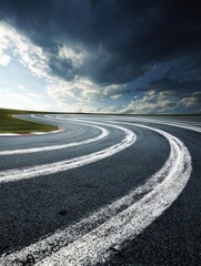 Fototapeta premium Premium Professional Race Track Skid Marks with Dramatic Curve Under Stormy Sky Modern Corporate Branding Content for Agile Delivery Marketing