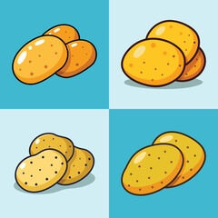 Cartoon Potatoes:  Four Vibrant Illustrations of Golden Potatoes on Blue Backgrounds.