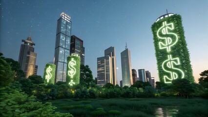 Urban Landscape with Green Dollar Signs and Skyscrapers at Dusk