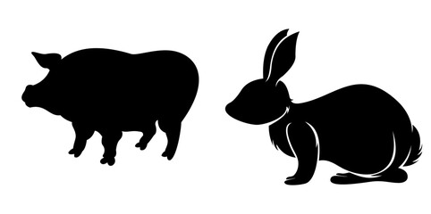 Black silhouettes of a pig and a rabbit facing each other. Perfect for pet-themed content, educational materials, and logo and icon design. Ideal for animal lovers, graphic designers, and pet business