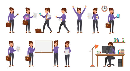 Cartoon office worker character constructor vector illustration. A businesswoman wearing a purple shirt and trousers holds a briefcase, documents, a smartphone
