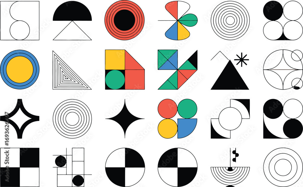 Poster eye-catching collection of retro geometric shapes for modern design projects with vibrant color comb