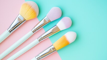 Fototapeta premium Stylish pastel makeup brushes on colorful background in flat lay copy space concept for beauty industry and cosmetic product advertising design