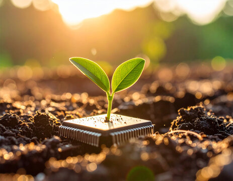 Fototapeta Detailed macro view of tiny fresh plant sprout emerging from rough soil highlighting themes of perseverance regeneration and sustainability