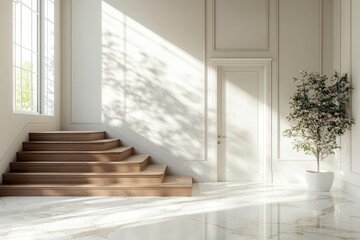 Obraz premium Wooden staircase and marble floor in minimalist interior design of modern entrance hall with door, Generative AI