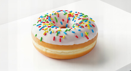 A delicious ring donut with white icing and colorful sprinkles, isolated on white background