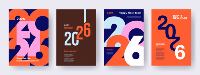 Creative concept of 2026 Happy New Year posters set. Design templates with typography logo 2026 for celebration and season decoration. Minimalistic trendy backgrounds for branding, banner, cover, card