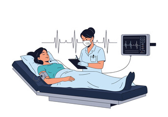 Patient receiving medical monitoring and care in a hospital bed with vital signs displayed