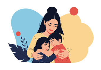 Loving mother embracing her two children with warmth and affection in a colorful abstract art background celebrating family bonds
