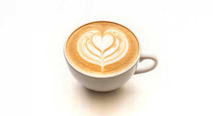 A white cup of cappuccino with latte art in the shape of a heart, isolated on white background