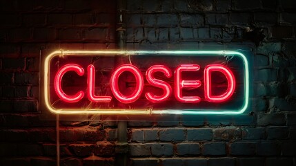 Fototapeta premium Illuminated Closed Neon Sign on Brick Wall Indicating Business Closure