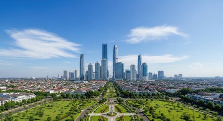 Obraz premium High-angle view of a modern city skyline, featuring tall skyscrapers, residential areas, and expansive parks.
