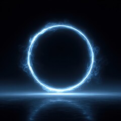 Glowing Blue Energy Ring Reflecting on Dark Water Surface, Abstract Background