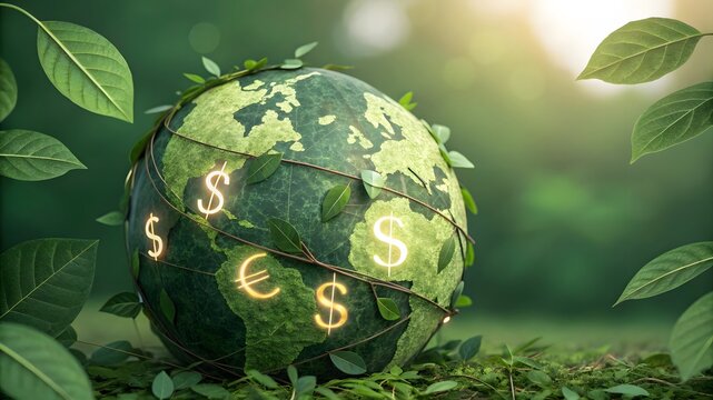 Green World Economy with Currency Symbols and Leaves Surrounding Globe