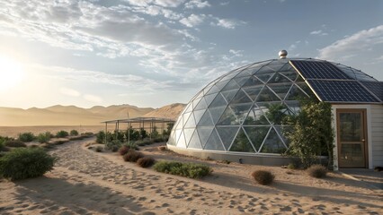 Geodesic Dome Greenhouse in Desert Landscape with Solar Panels
